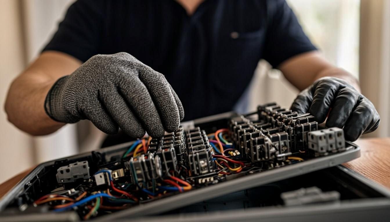 Électricien d'APELEC installant du câblage dans un tableau électrique résidentiel